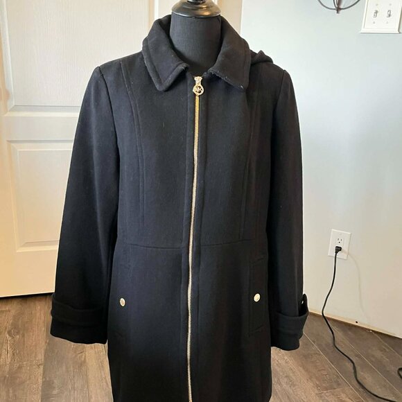 Michael Kors Women's Petite size PXL Black Wool Blend Full Zip Hooded Coat - Picture 4 of 8
